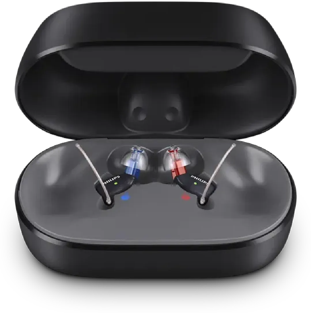Estuche cargador de Philips HearLink NXT, abierto y con los audífonos dentro