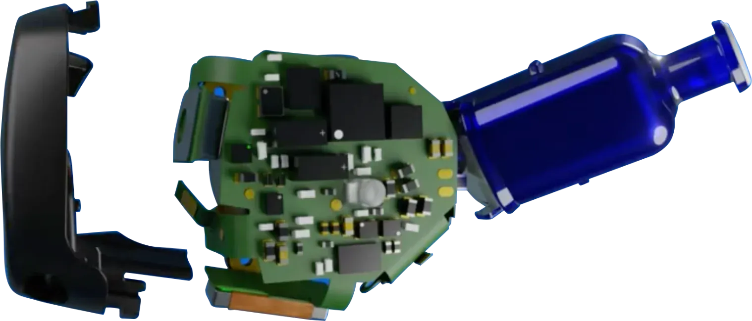 Interior de un audífono Philips HearLink NXT, con su circuito a la vista
